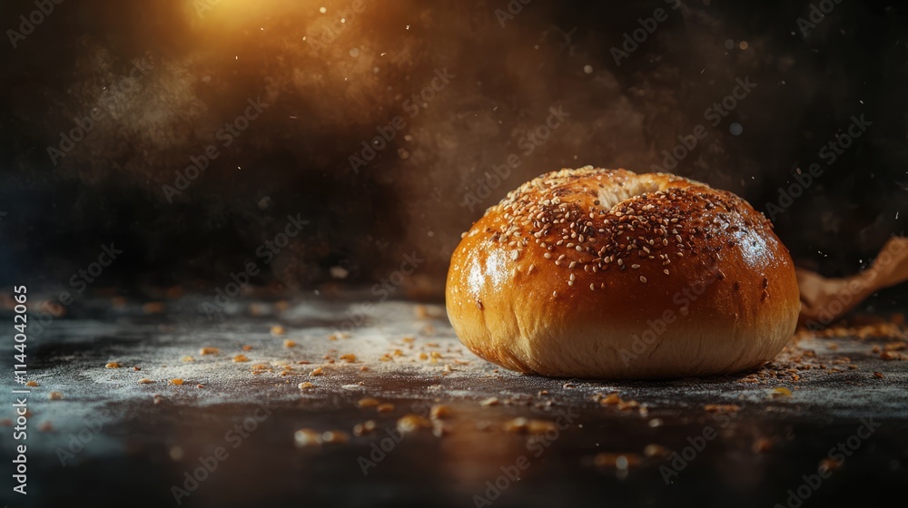 Poster freshly baked sesame seed bun on a dark rustic surface with flour dust and warm lighting atmosphere 
