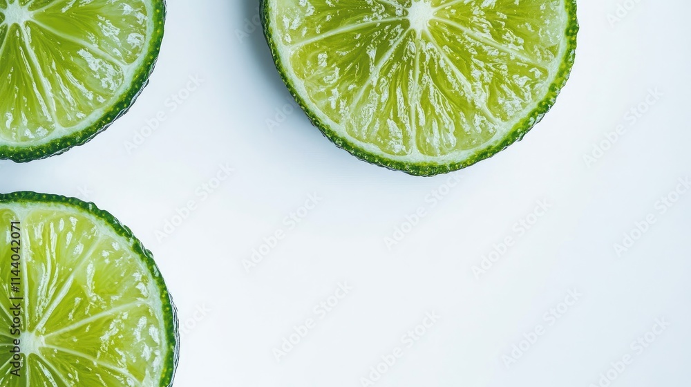 Poster fresh vibrant lime slices arranged on a clean white background with a focus on their juicy texture a