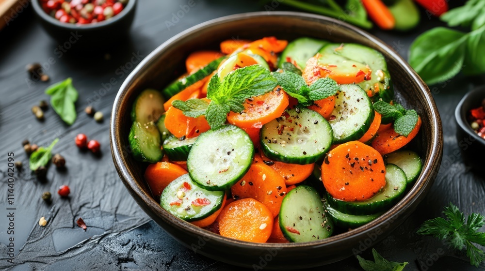 Aufkleber vibrant carrot and cucumber salad garnished with fresh herbs in a rustic bowl surrounded by colorful