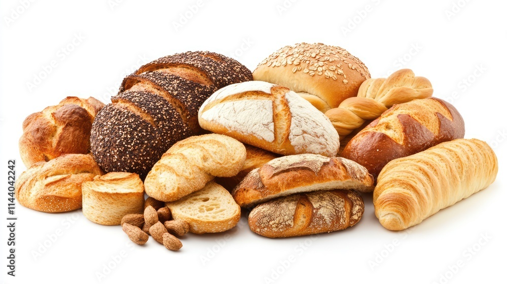 Aufkleber Assorted artisanal breads displayed on a white background showcasing diverse textures and shapes for bakery promotions and culinary concepts