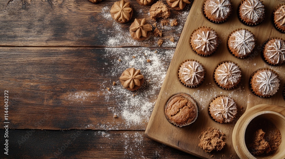 Poster homemade gingerbread muffins with icing and spices on rustic wooden background