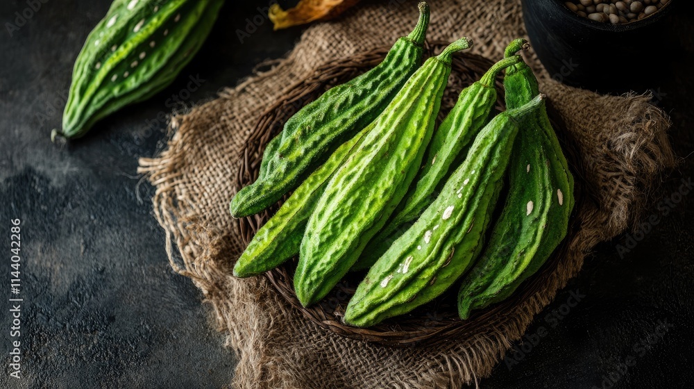 Poster fresh and vibrant bitter beans known as parkia speciosa displayed on a rustic background highlightin