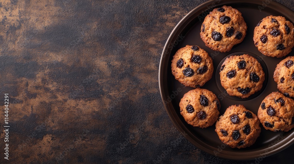 Poster homemade raisin bran muffins in a baking dish on textured background showcasing a close-up horizonta
