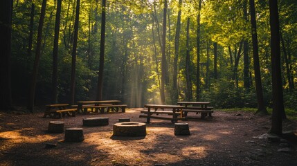 Sunlit forest picnic area with tables, benches, and fire pit.