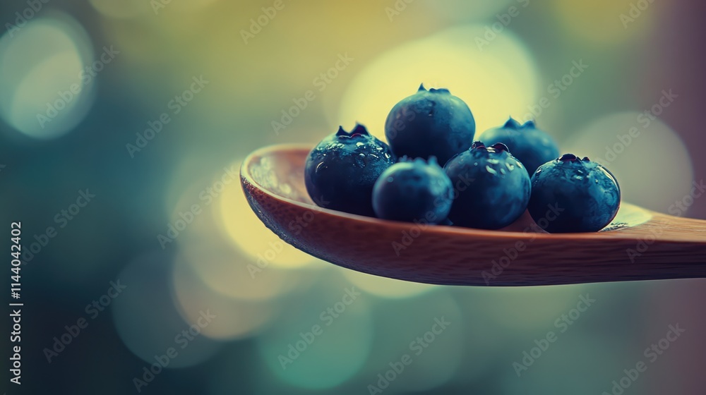 Poster Fresh blueberries on wooden spoon with blurred background and foreground showcasing selective focus and shallow depth of field effects