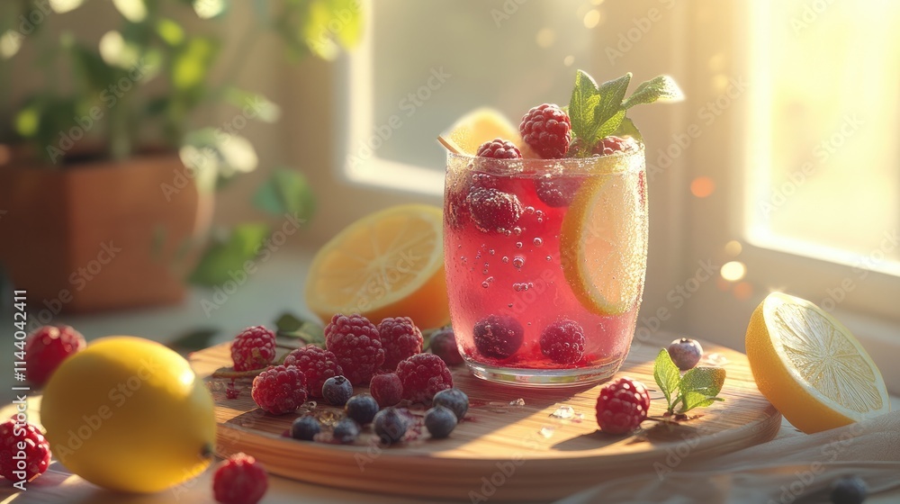 Aufkleber refreshing berry lemonade with raspberries and lemons in a sunlit setting showcasing vibrant colors 