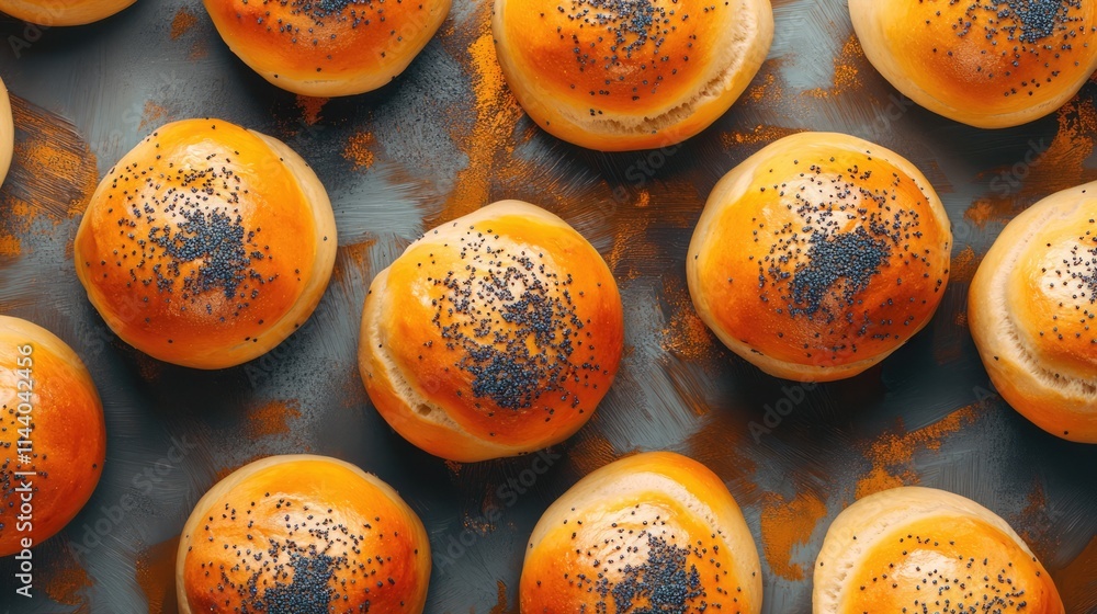 Poster freshly baked poppy seed buns arranged on a rustic background top view showcasing their golden brown
