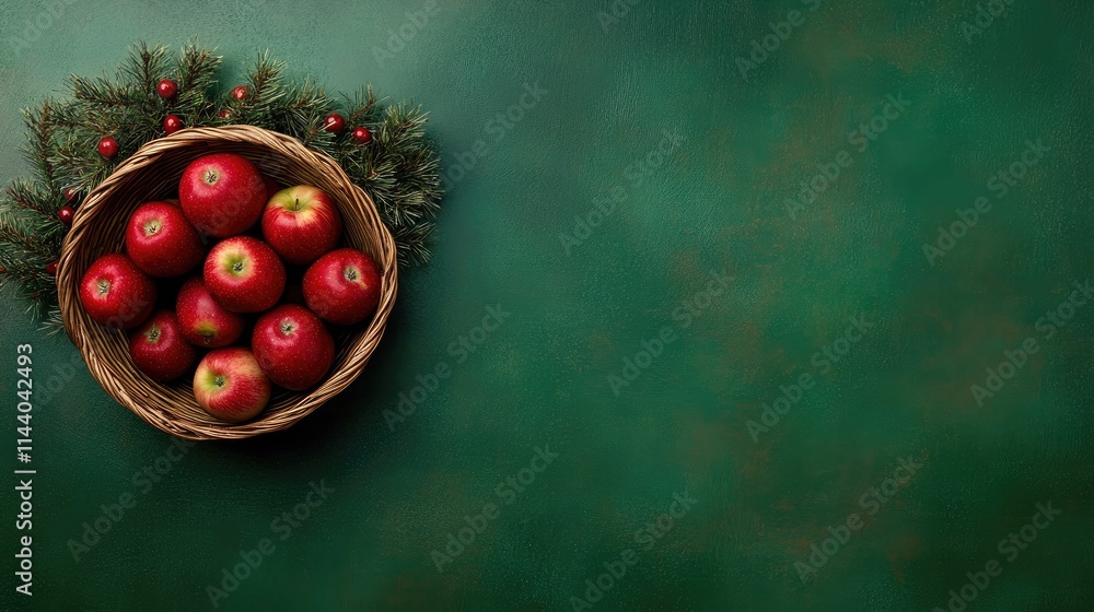 Aufkleber fresh red apples in a rustic basket on a green textured background with seasonal pine branches and s