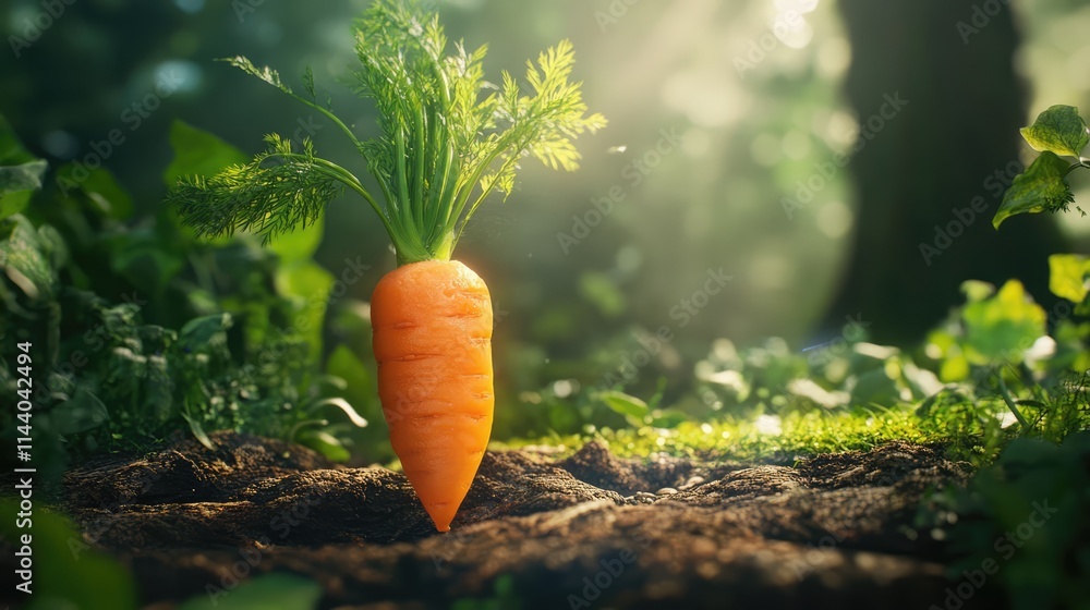 Aufkleber vibrant carrot freshly harvested from the soil surrounded by lush greenery and dappled sunlight in a