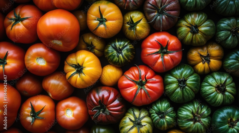 Poster colorful assortment of organic heirloom tomatoes showcasing diverse shapes and sizes in a fresh and 