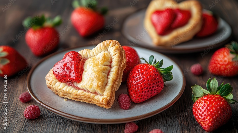 Poster heart-shaped pasties filled with strawberries on a rustic wooden table surrounded by fresh strawberr