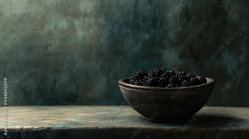 Aufkleber Blackberries in a rustic clay bowl on a textured table with dark moody background and ample negative space for design flexibility