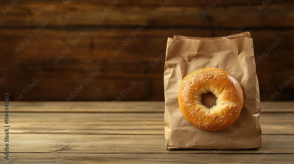 Poster freshly baked bagel in a paper bag on rustic wooden table surface with warm lighting background idea
