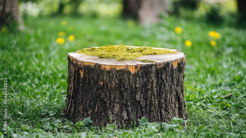 Poster rustic tree stump with green moss in a lush forest setting surrounded by grass and wildflowers showc