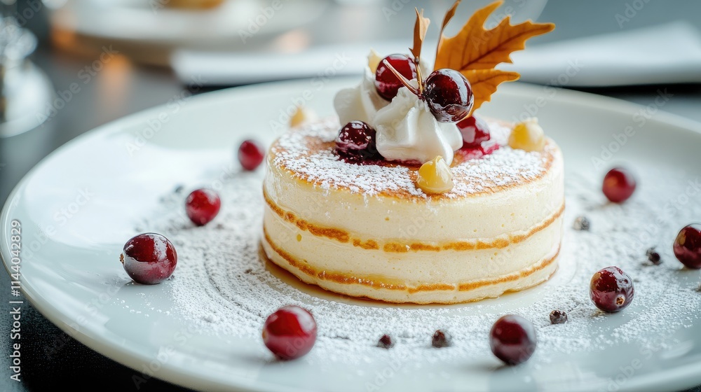 Poster delicious fluffy pancakes with sour cream and cranberries served on a white plate perfect for a brea