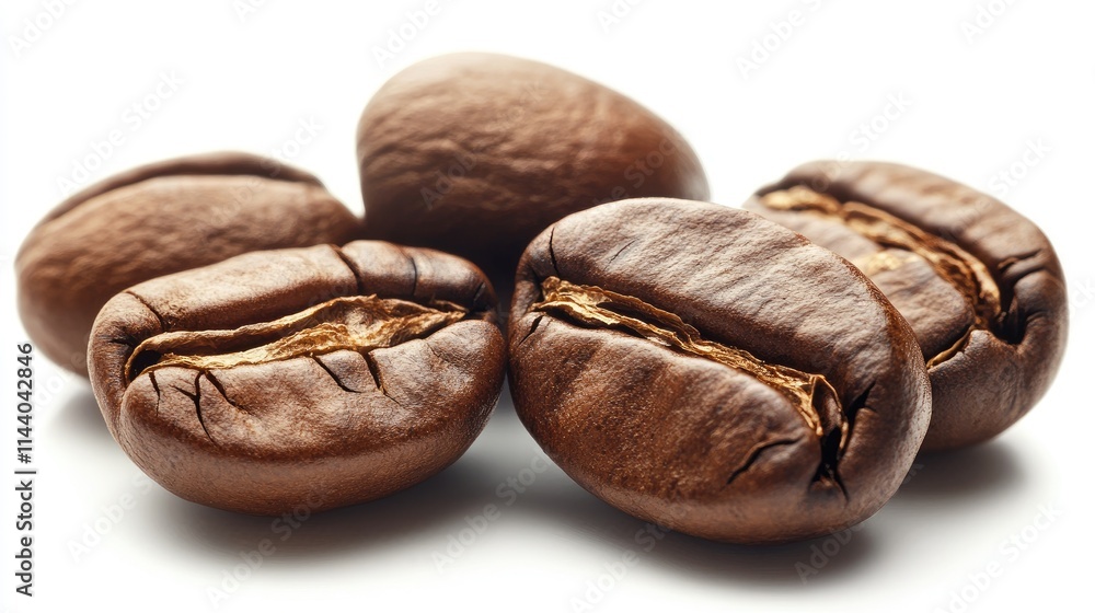 Poster aromatic roasted coffee beans arranged on a white background showcasing their rich texture and color