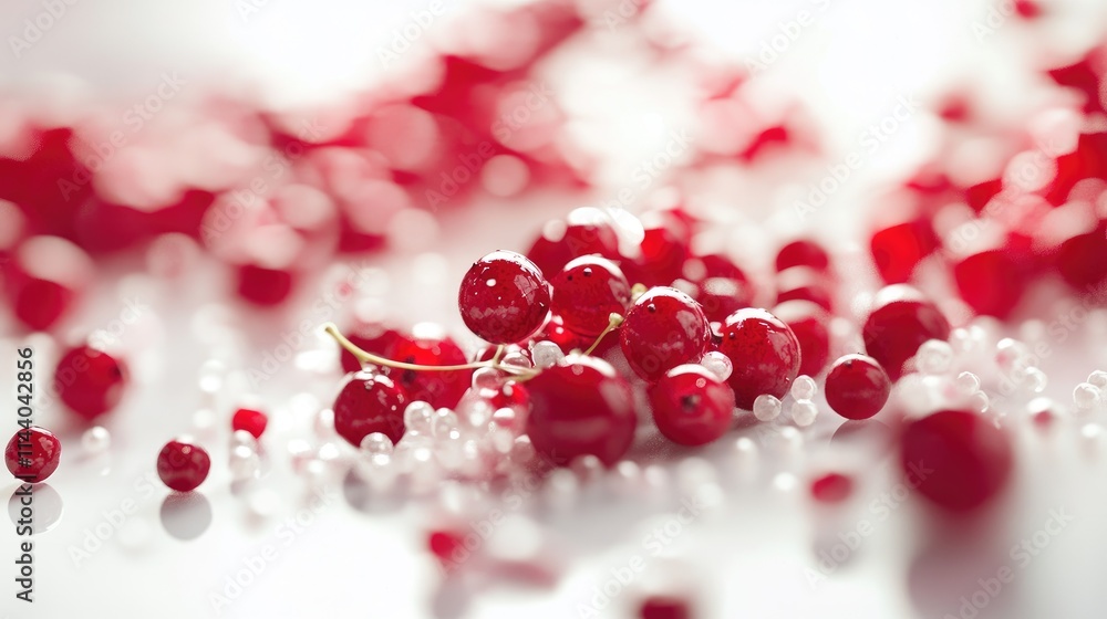 Poster vibrant red berries scattered on a reflective surface with soft focus highlights and delicate detail