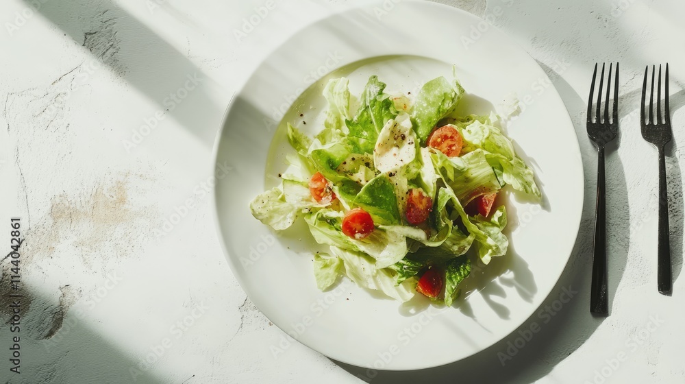 Aufkleber Caesar Salad with Cherry Tomatoes on Plate Surrounded by Light and Shadow with Forks on Table