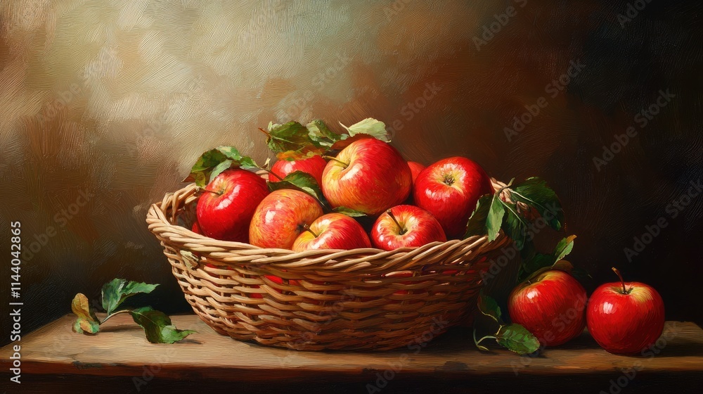 Poster basket of fresh red apples with green leaves on a rustic wooden table background showcasing natural 