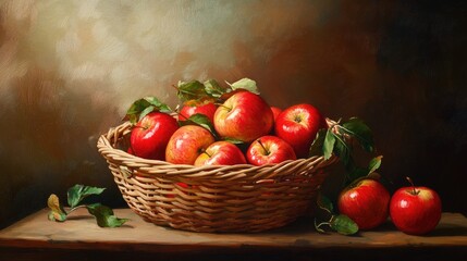 Basket of fresh red apples with green leaves on a rustic wooden table background showcasing natural beauty and freshness in still life.