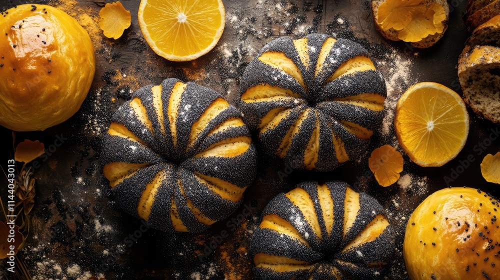 Poster Baked poppy seed buns arranged on a rustic surface with lemon slices and crumbs creating a warm culinary atmosphere