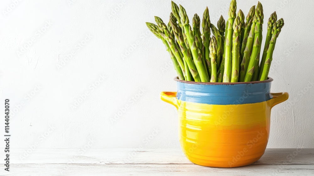 Poster vibrant fresh asparagus in a colorful pot placed on a wooden table against a clean white background 