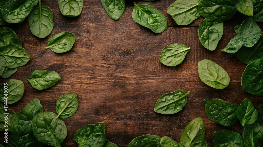 Aufkleber fresh baby spinach leaves arranged on rustic wooden surface overhead view healthy green vegetables c