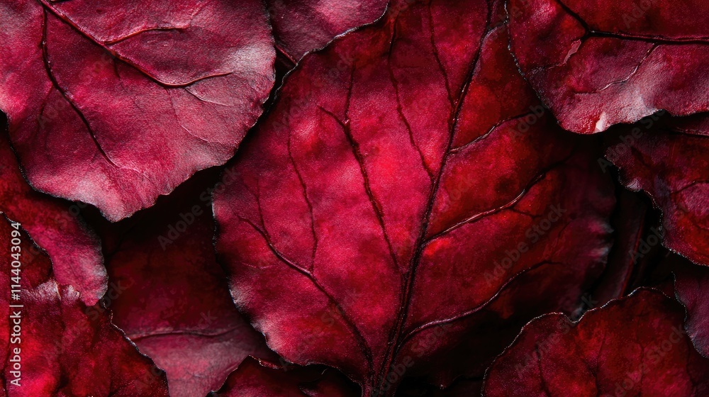 Poster beetroot leaf texture closeup showcasing vibrant shades of red and intricate leaf patterns ideal for