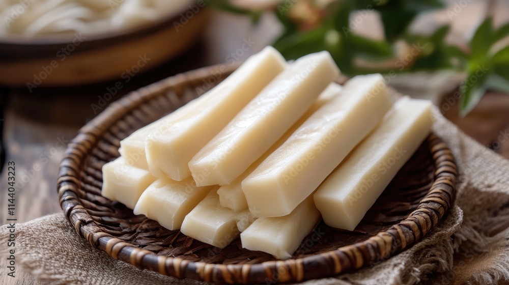 Poster fresh tofu sticks on rustic plate with natural background in culinary still life setting