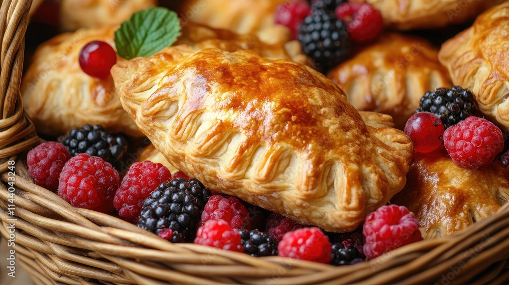 Poster golden baked pasties nestled in a basket with fresh berries creating a delightful and appetizing rus