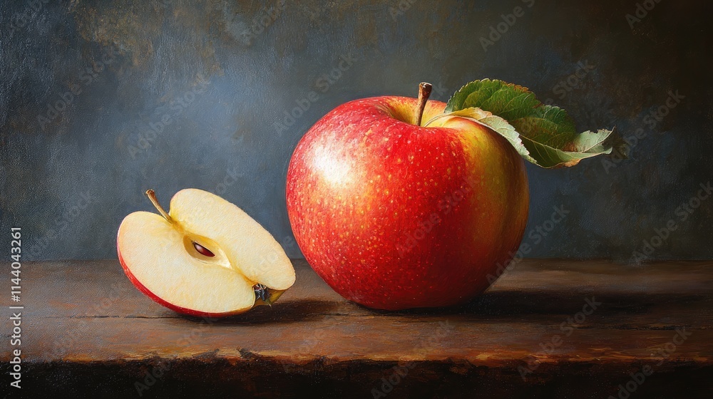 Aufkleber red apple with a sliced piece showcasing vibrant colors and a green leaf on a rustic wooden surface 