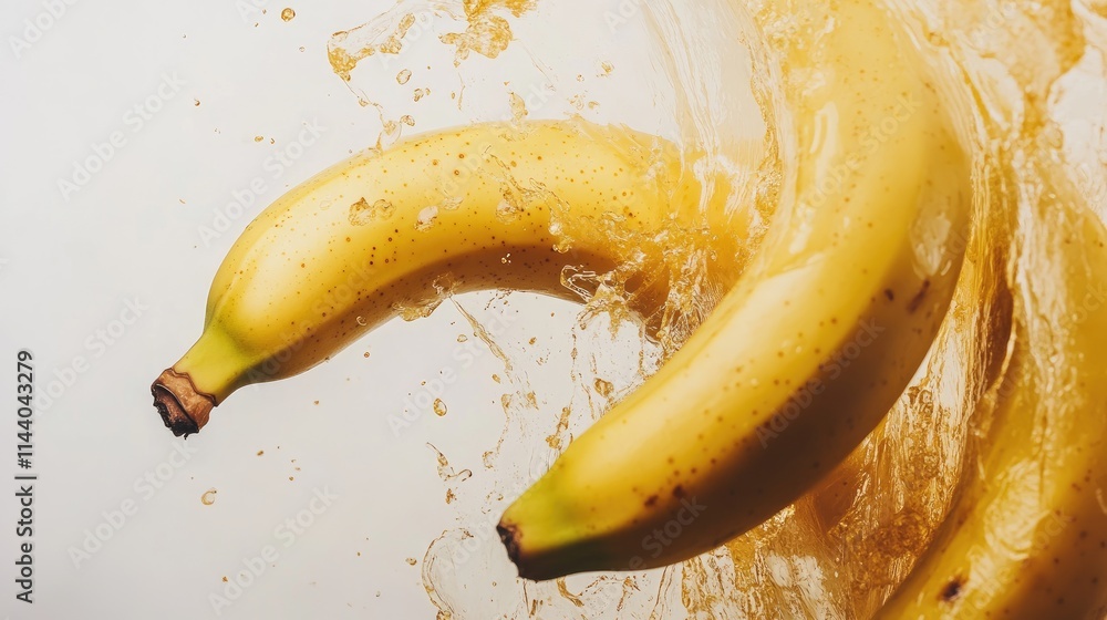 Poster Fresh ripe bananas splashing into water creating dynamic movement and vibrant color against a clean white background