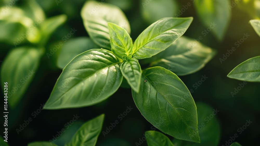Poster vibrant green basil leaves showcasing their rich texture and color against a blurred background idea