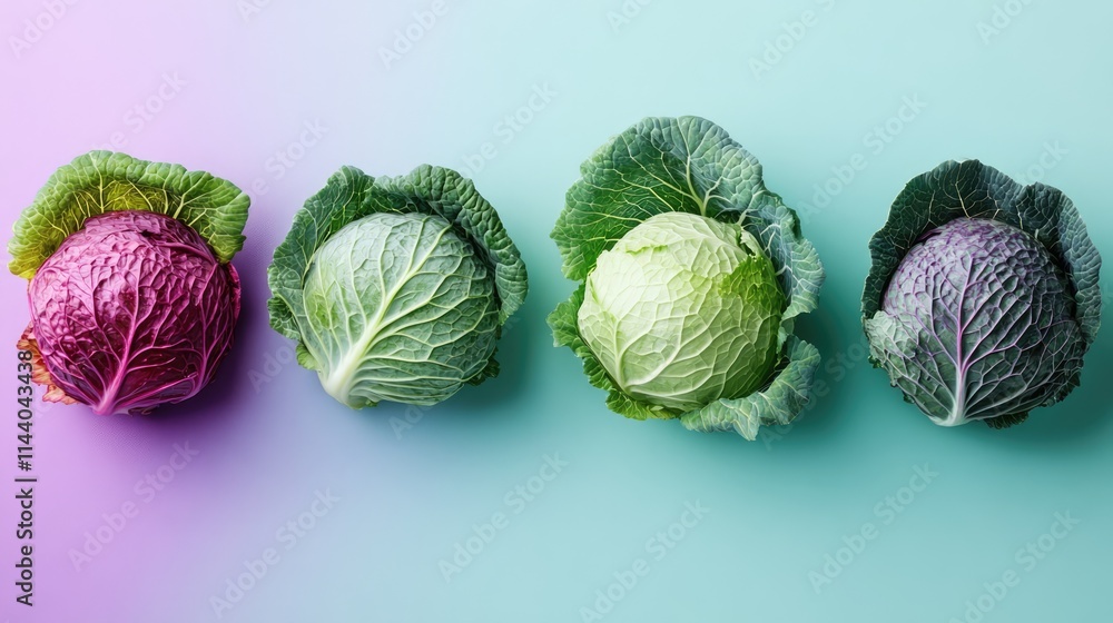 Poster assorted fresh cabbages in vibrant colors arranged creatively on a pastel background for culinary an