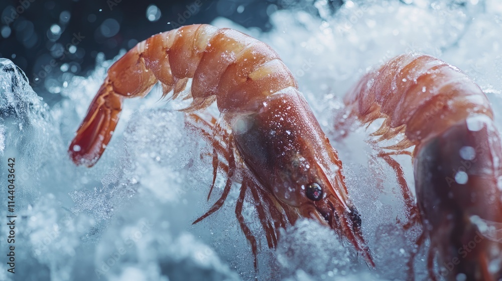 Poster Close up of large fresh shrimps submerged in ice with water splashes creating a refreshing seafood visual for culinary presentations.