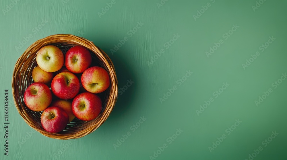 Poster freshly harvested apples in a woven basket set against a vibrant green background with ample copy sp