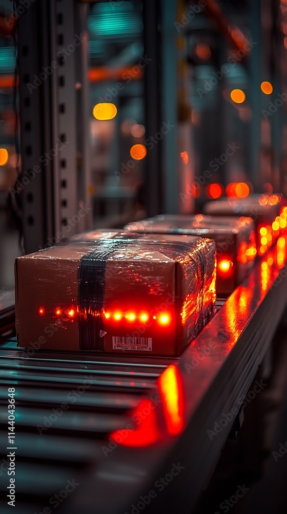 Poster qr code scanning on warehouse package for high tech inventory management with soft lighting