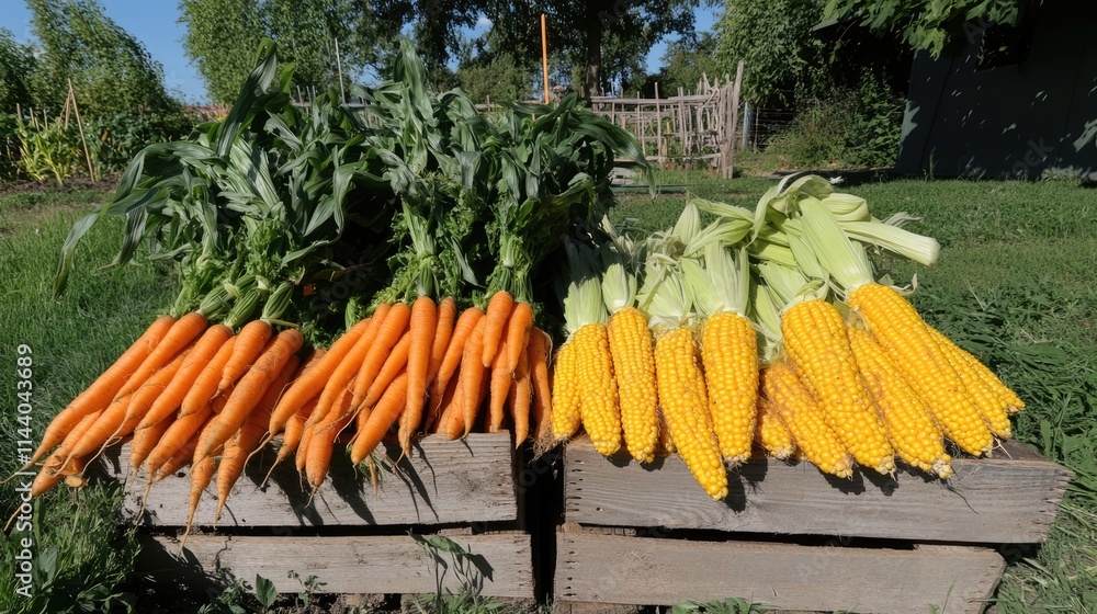 Poster harvested carrots and corn displayed on wooden crates in a lush garden setting showcasing vibrant pr