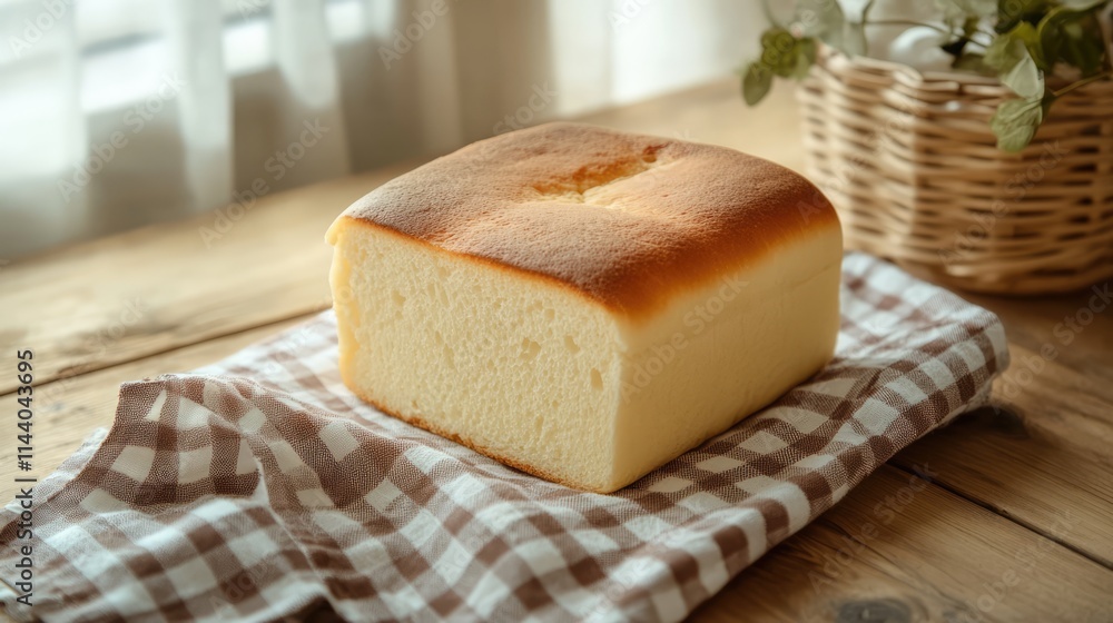 Poster freshly baked bread on a checkered napkin resting on a rustic wooden table with natural light and a 