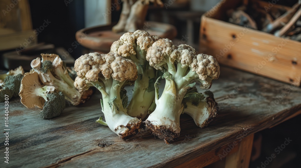 Poster freshly harvested cauliflower displayed on rustic wooden table in natural setting showcasing farm-to