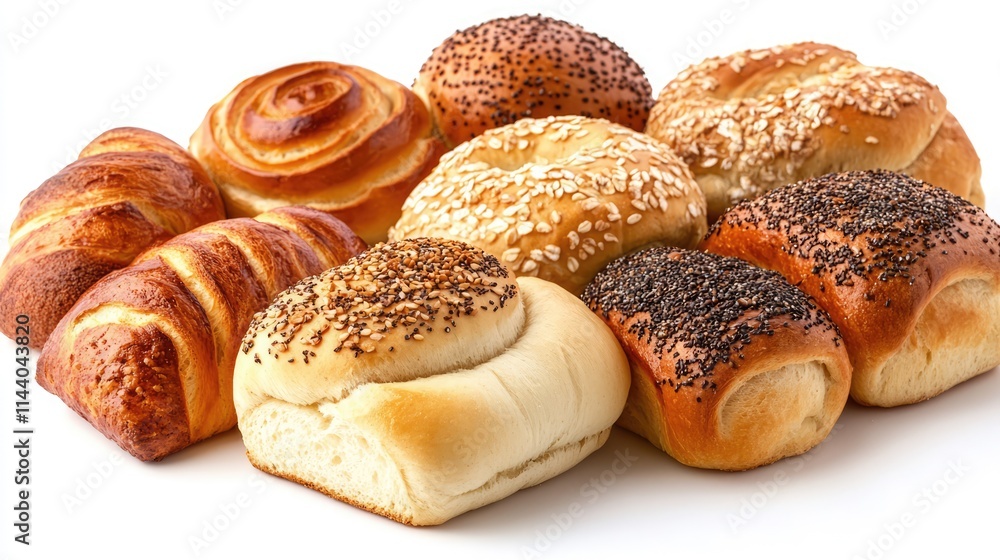 Poster a variety of freshly baked bread rolls displayed on a white background showcasing different textures