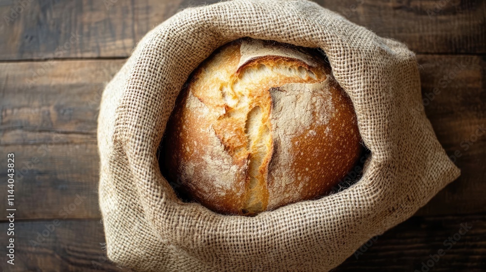Poster Freshly baked round bread in a burlap sack on a wooden table top view with ample space for text or branding overlay.