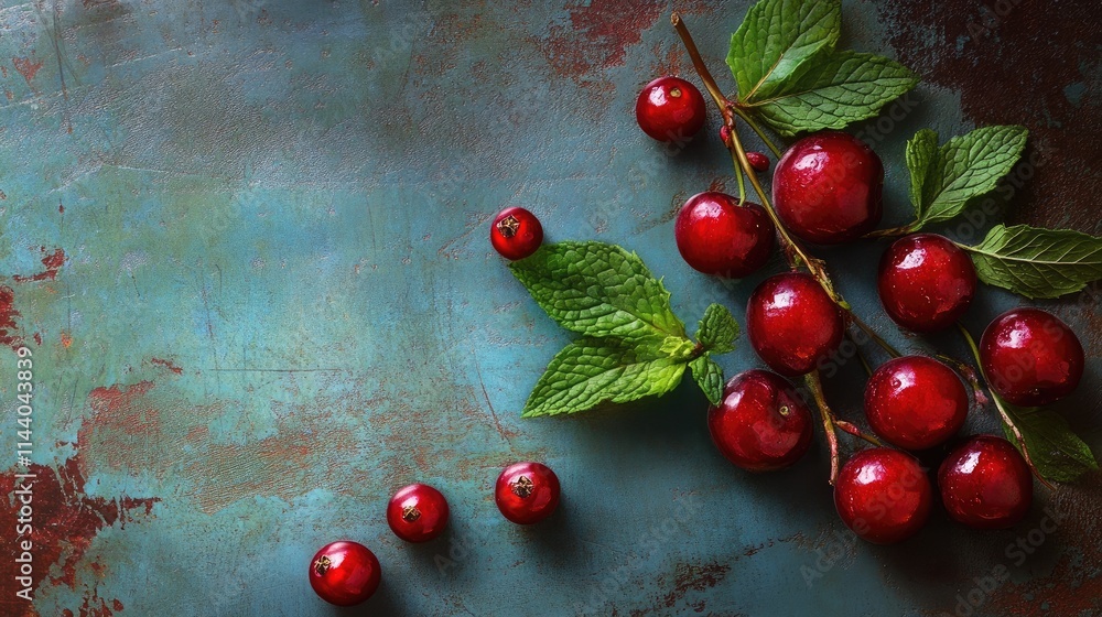 Aufkleber fresh red berries with mint leaves on a textured blue background creating a vibrant and appetizing f
