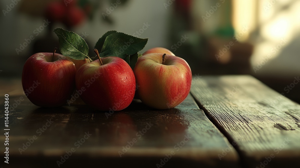 Poster freshly picked apples with leaves arranged on a rustic wooden table showcasing selective focus and n