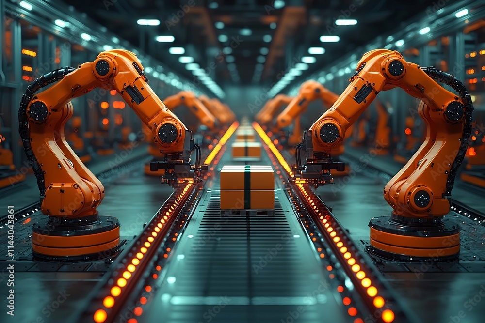 Poster futuristic smart warehouse with advanced robotic arms sorting packages for efficient business logist