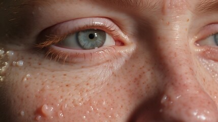 Extreme close up of painful swollen facial blisters resulting from a severe sun allergy reaction or skin condition  The image showcases the textured red