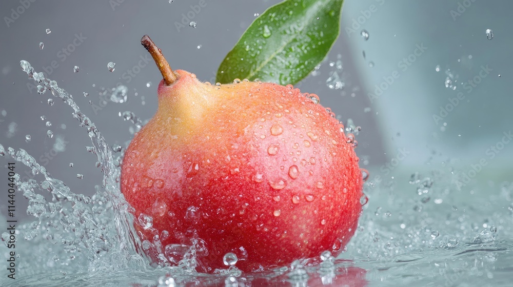 Poster refreshing red guava splashing in water with vibrant droplets and a green leaf against a soft blurre