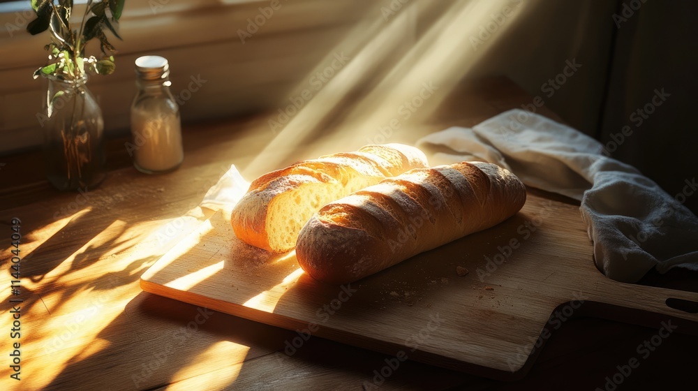 Aufkleber freshly baked baguette sliced on a rustic cutting board illuminated by warm sunlight creating a cozy