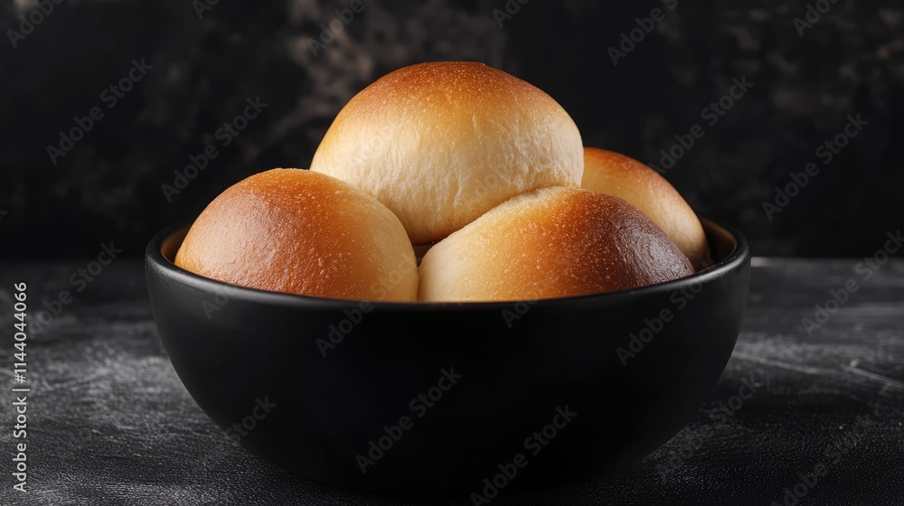 Poster delicious freshly baked bread rolls in a black bowl against a dark background with ample copy space 