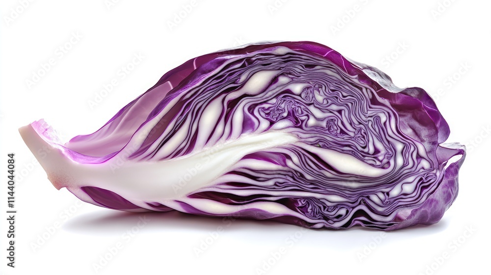 Poster sliced purple cabbage showcasing intricate textures and vivid colors on a clean white background for